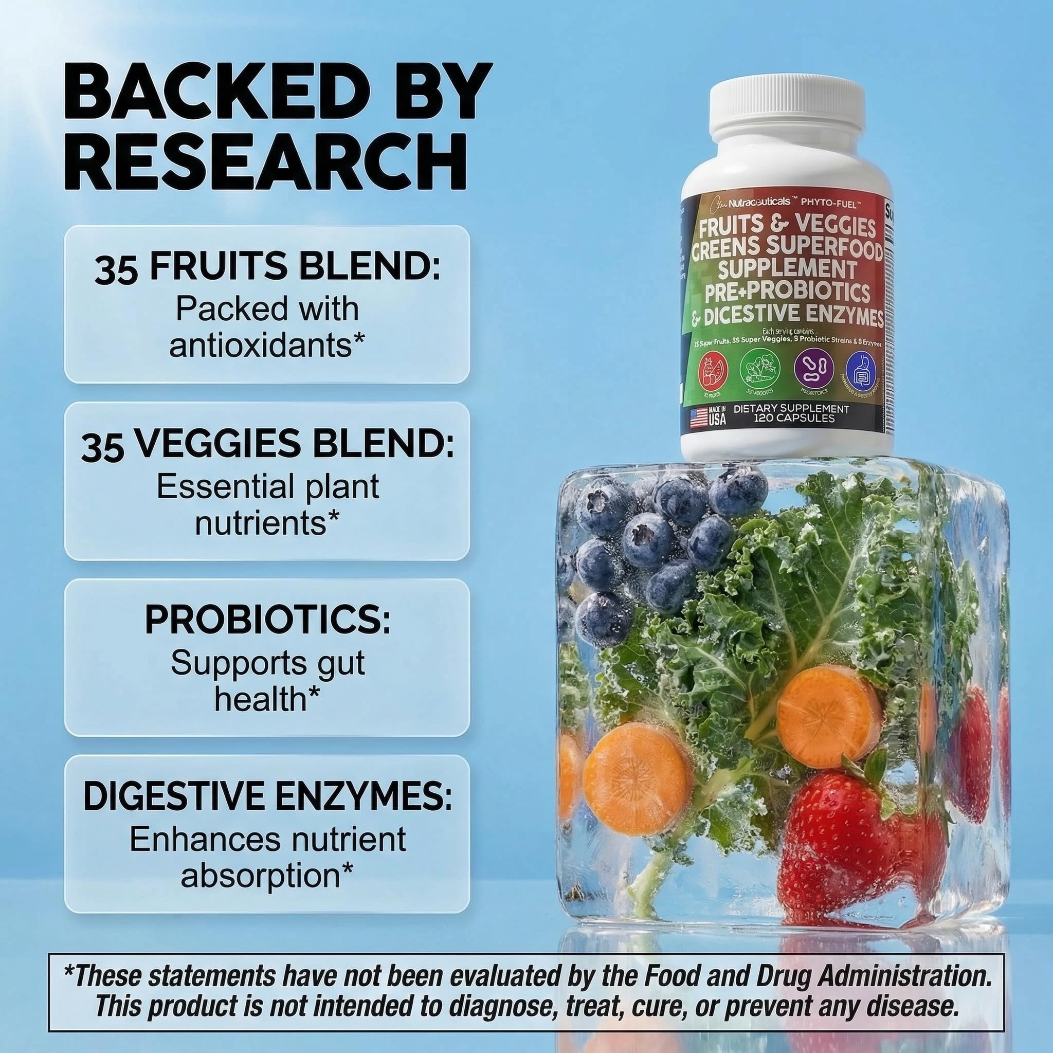 120 capsules packaging showing monthly supply of greens and fruits