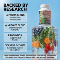120 capsules packaging showing monthly supply of greens and fruits