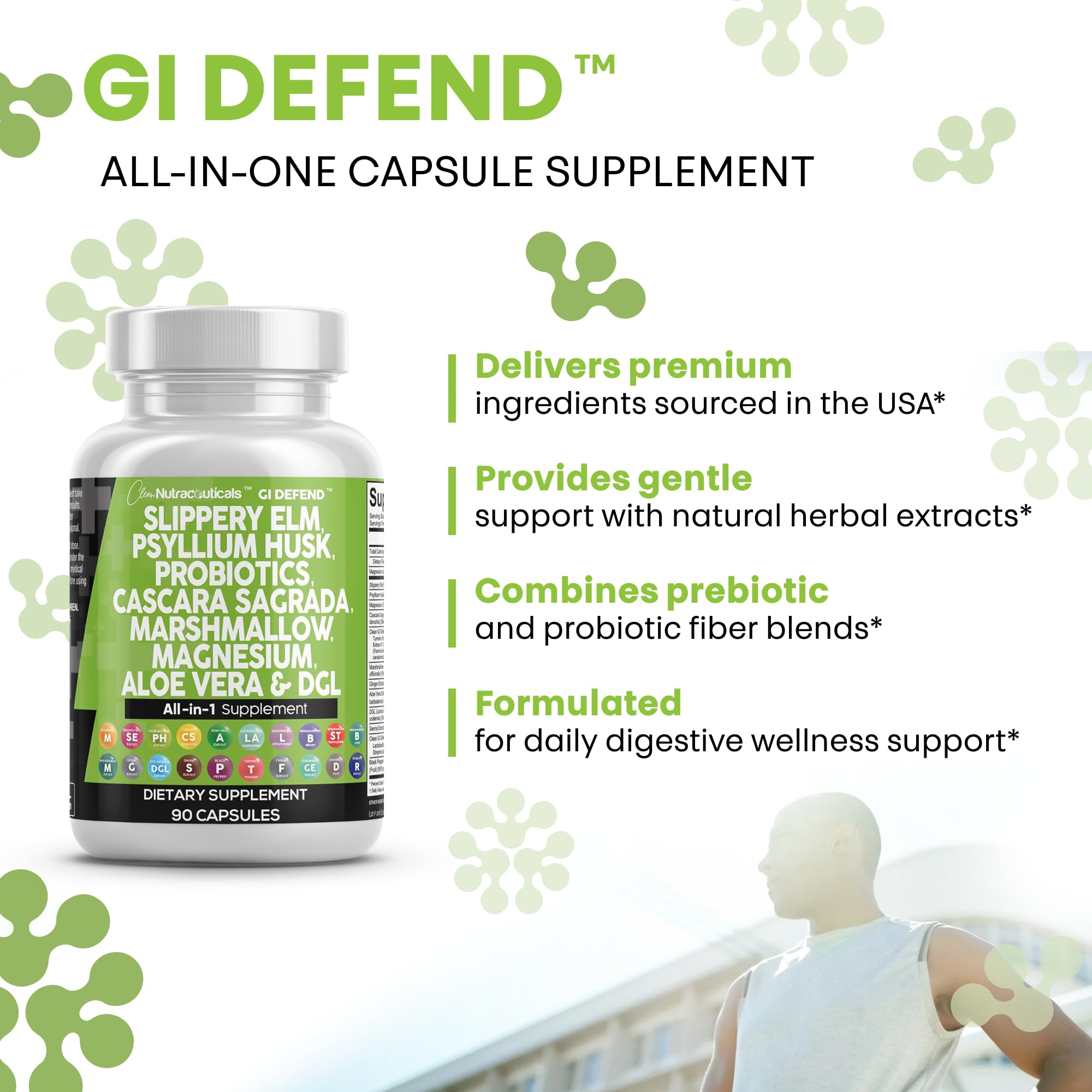Ginger and Licorice imagery on Clean Nutraceuticals GI Defend packaging for balance