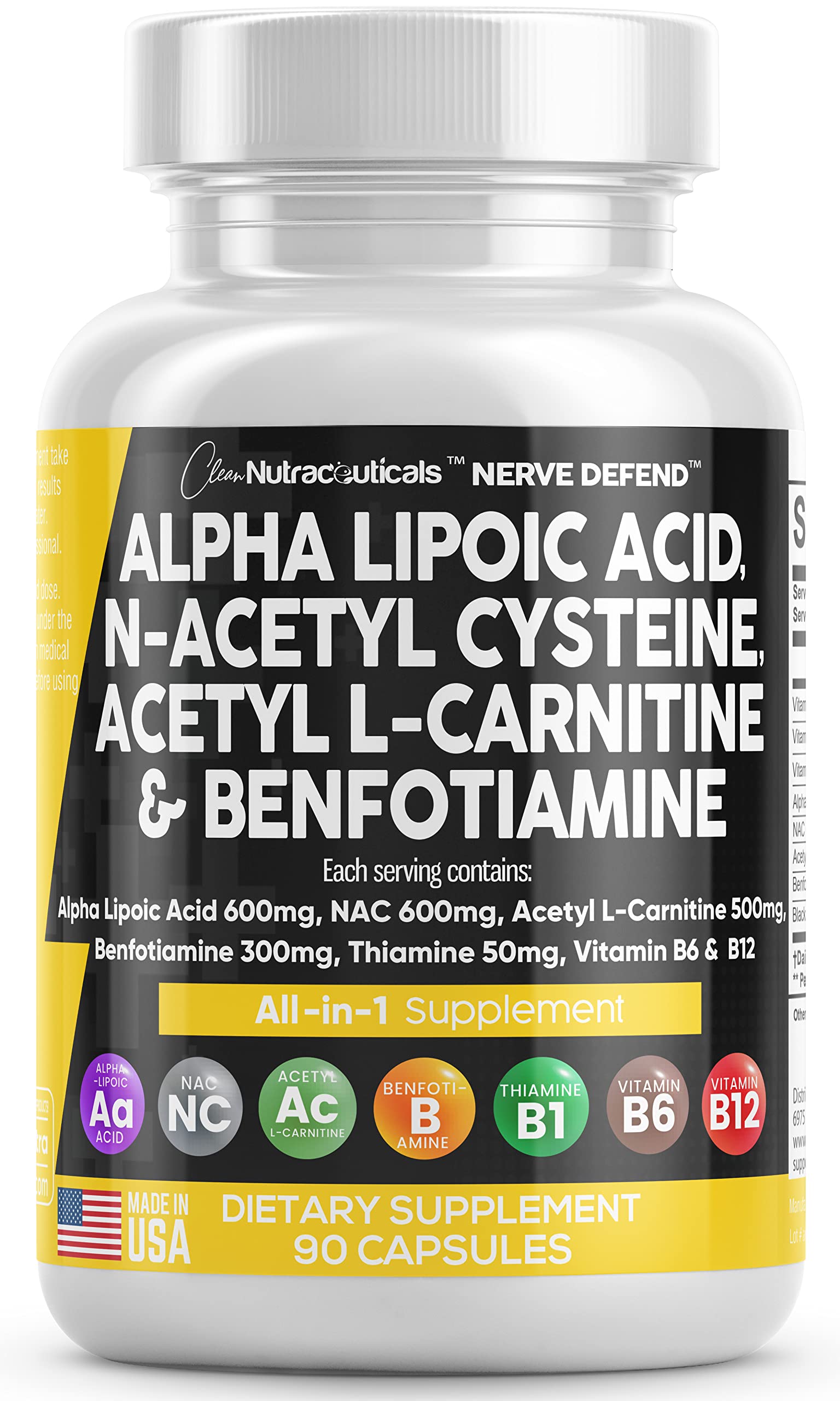 Clean Nutraceuticals Alpha Lipoic Acid NAC bottle—potential nerve support.