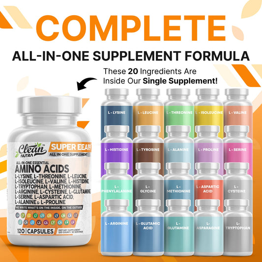 Clean Nutraceuticals amino acids label clearly lists ingredients for daily vitality and immune support