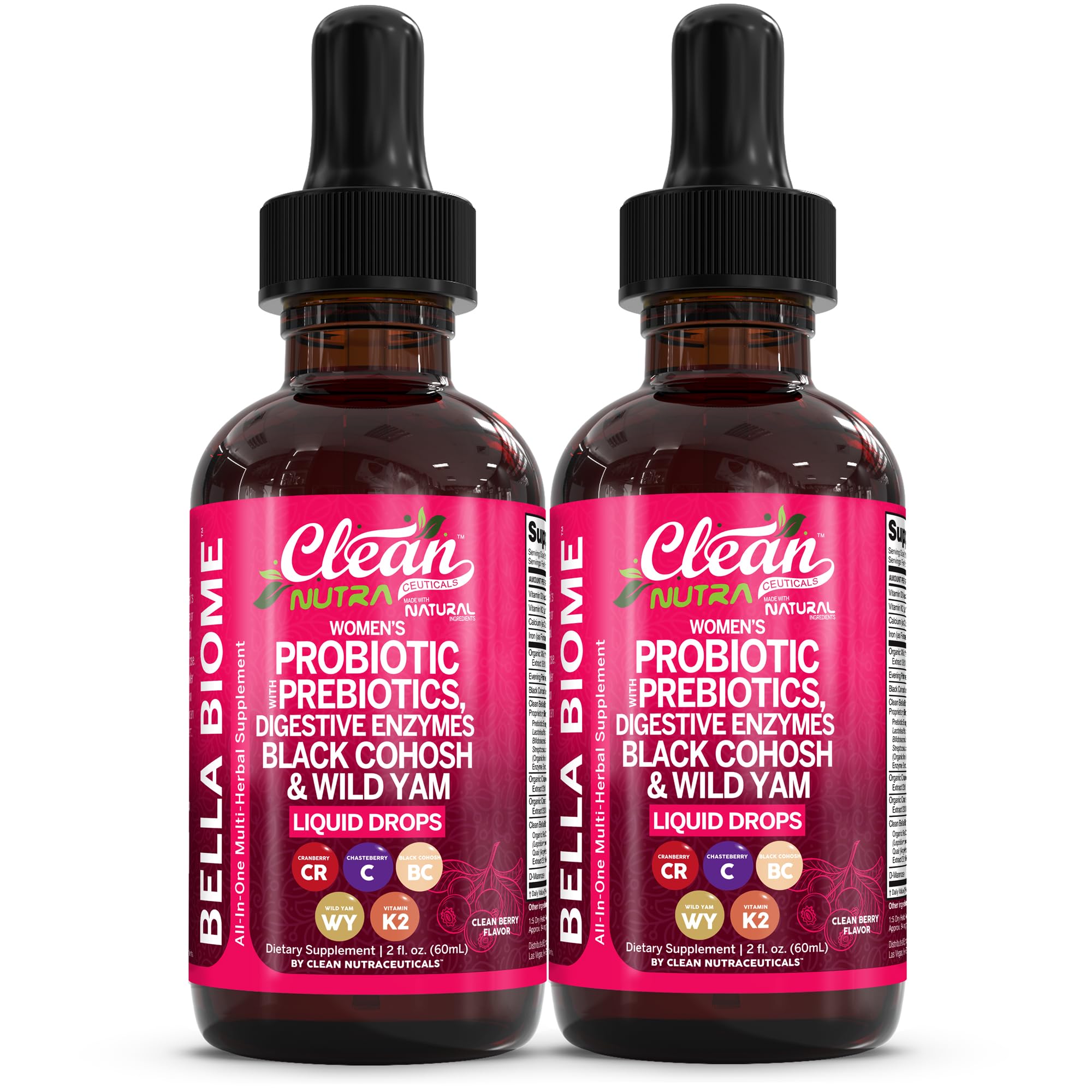 Clean Nutraceuticals Bella Biotics bottle with liquid drops supports gut balance