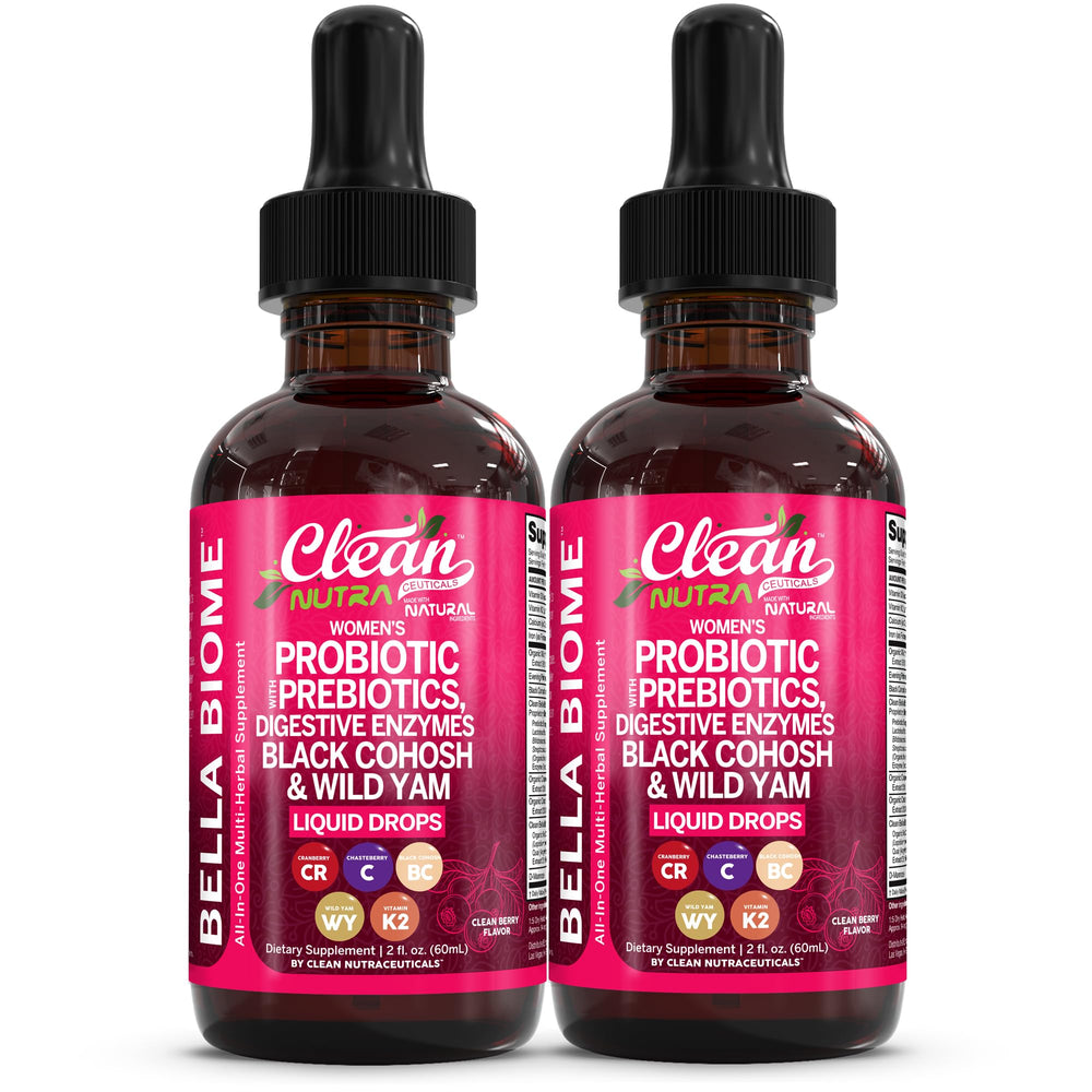 Clean Nutraceuticals Bella Biotics bottle with liquid drops supports gut balance