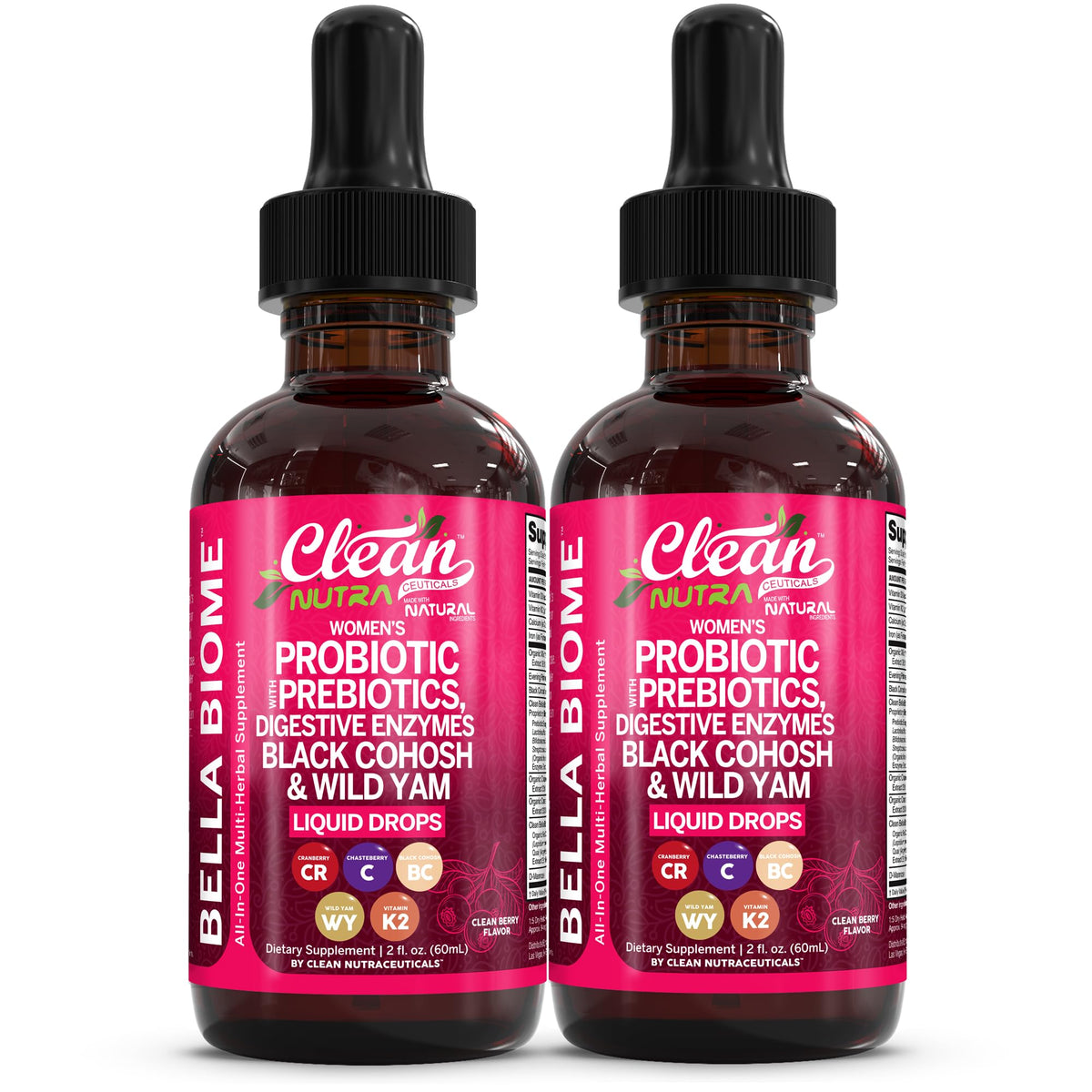 Clean Nutraceuticals Bella Biotics bottle with liquid drops supports gut balance