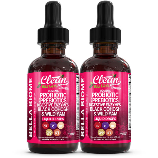 Clean Nutraceuticals Bella Biotics bottle with liquid drops supports gut balance