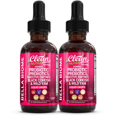Clean Nutraceuticals Bella Biotics bottle with liquid drops supports gut balance
