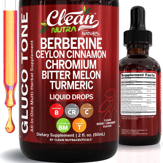 Clean Nutraceuticals Berberine Cinnamon Drops bottle for digestive support and daily wellness.