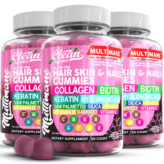 Clean Nutraceuticals Biotin Collagen Keratin Gummies bottle promotes hair health.