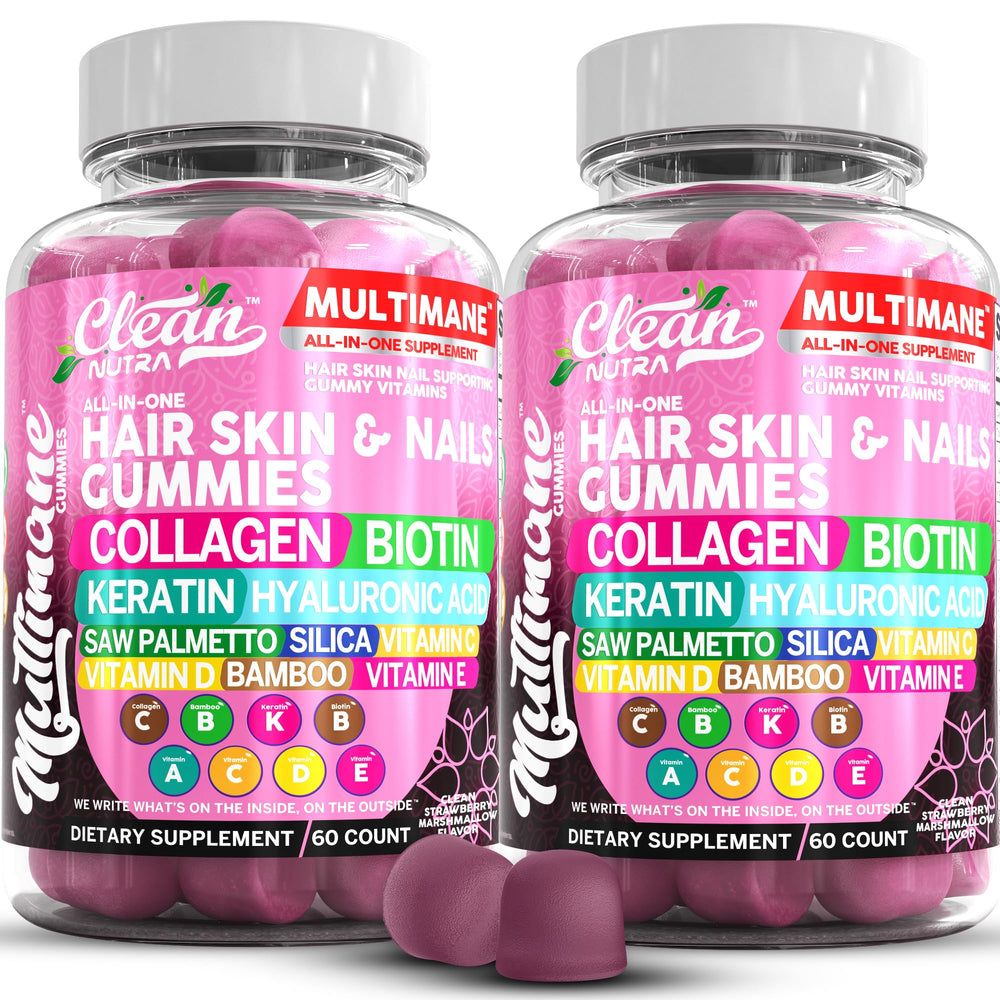 Clean Nutraceuticals biotin collagen keratin gummies jar highlights beauty support for hair and nails.