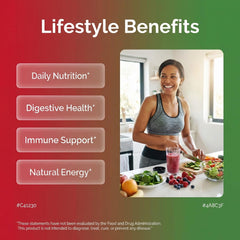 Front label highlighting over 70 superfoods for comprehensive nutrition