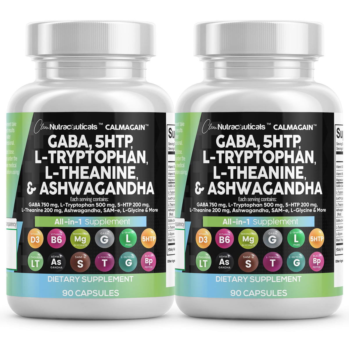 Clean Nutraceuticals GABA L-Theanine Ashwagandha bottle front suggests calm focus for daily wellness.