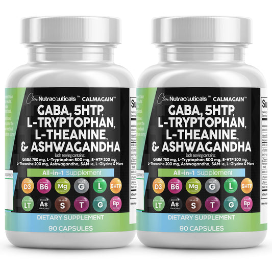 Clean Nutraceuticals GABA L-Theanine Ashwagandha bottle front suggests calm focus for daily wellness.