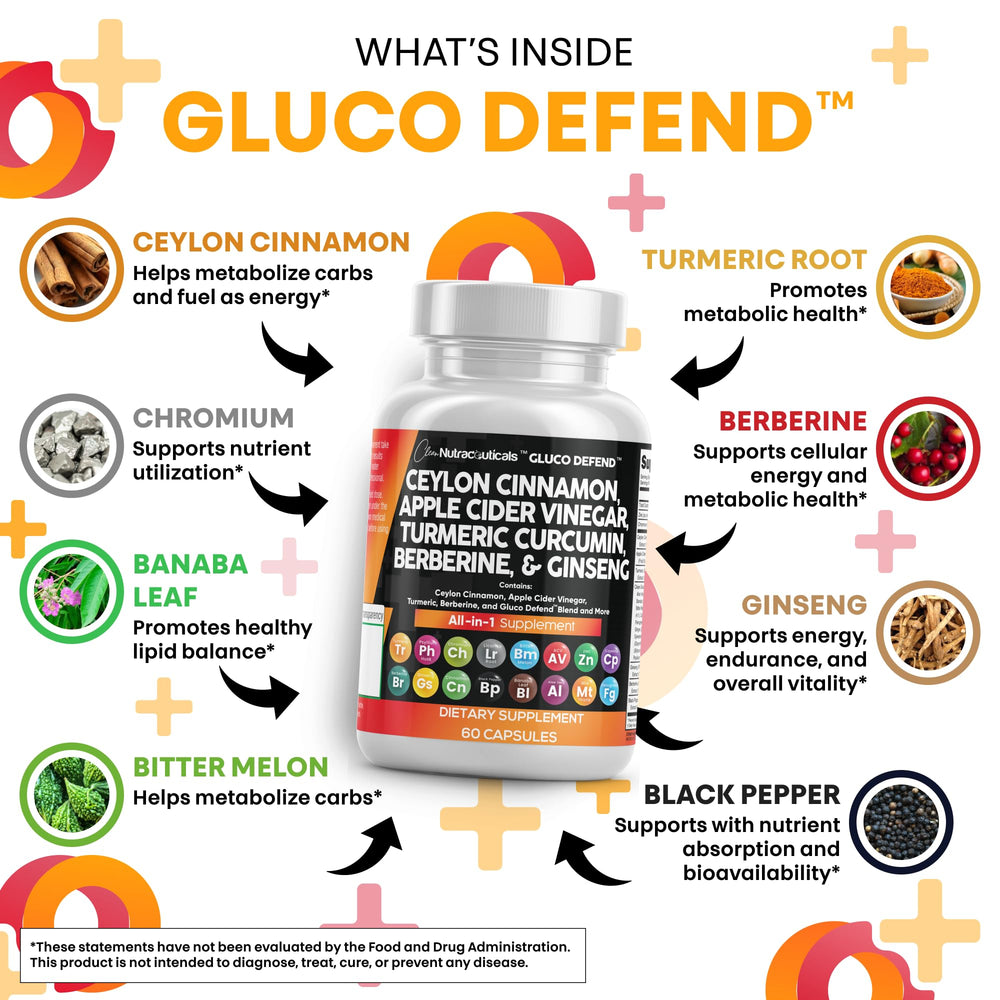 Gluco Defend label detail emphasizes cinnamon and ACV ingredients