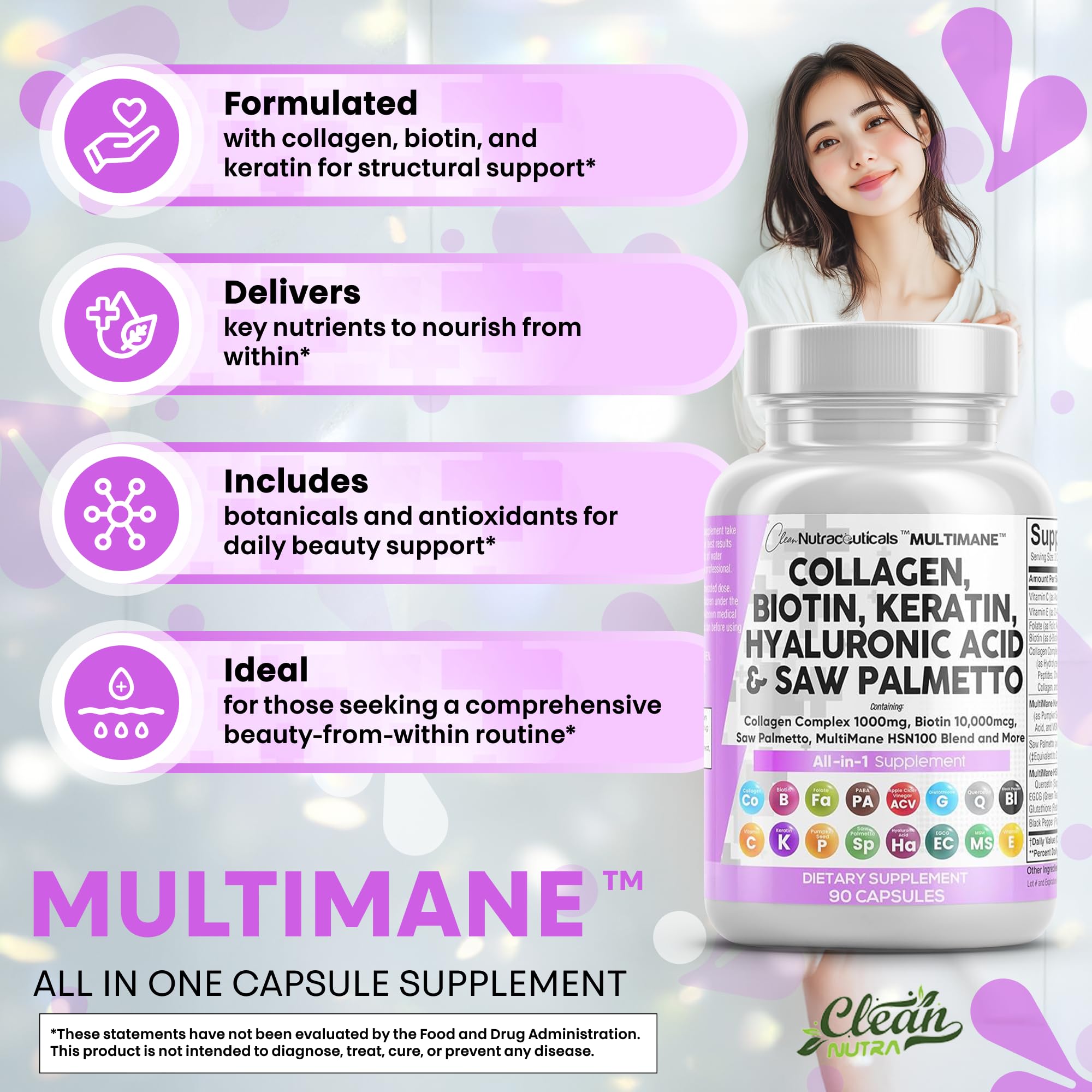 Clean Nutraceuticals hyaluronic acid capsules bottle aids skin hydration and fullness