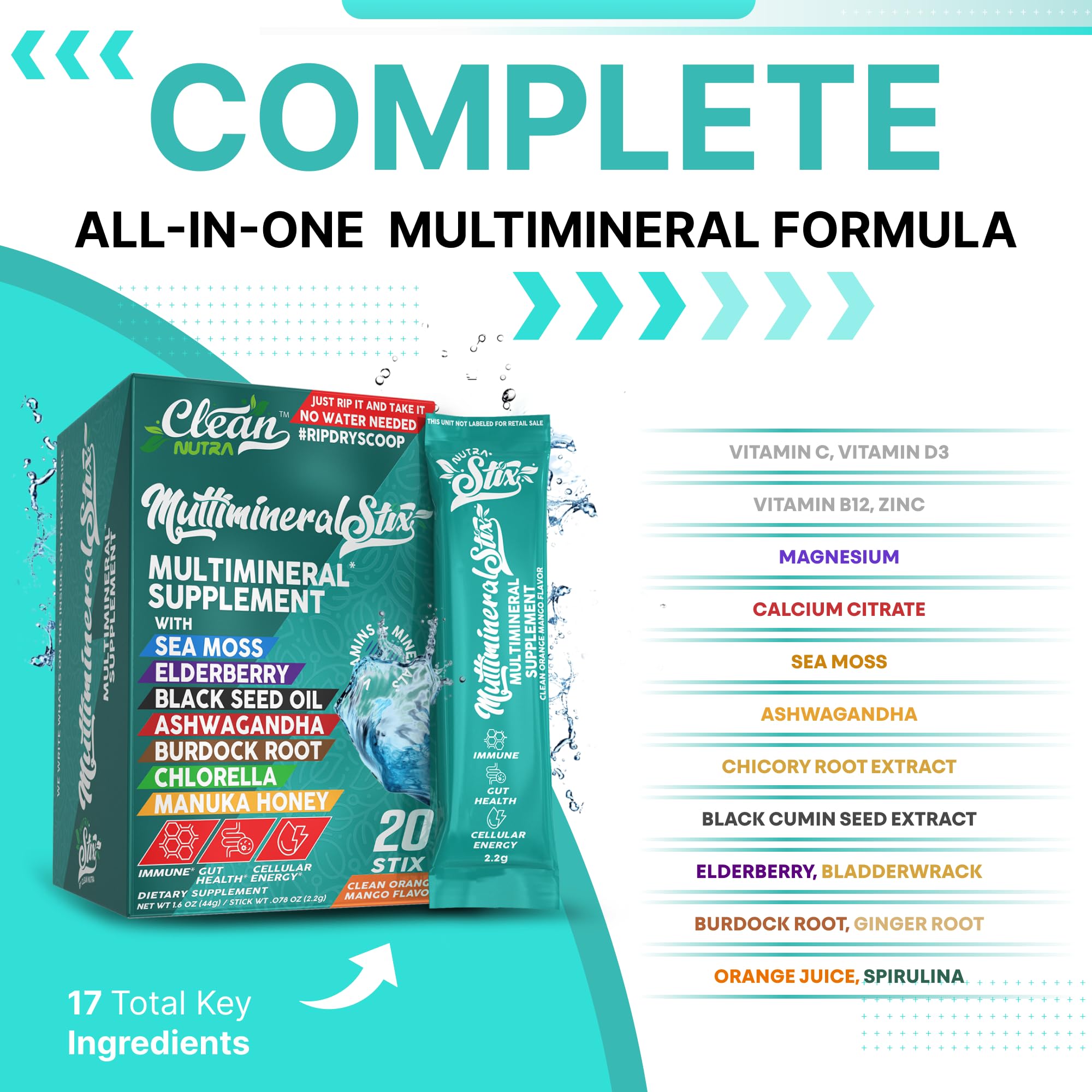 Clean Nutraceuticals immune stix multi-mineral blend dissolves quickly in beverages