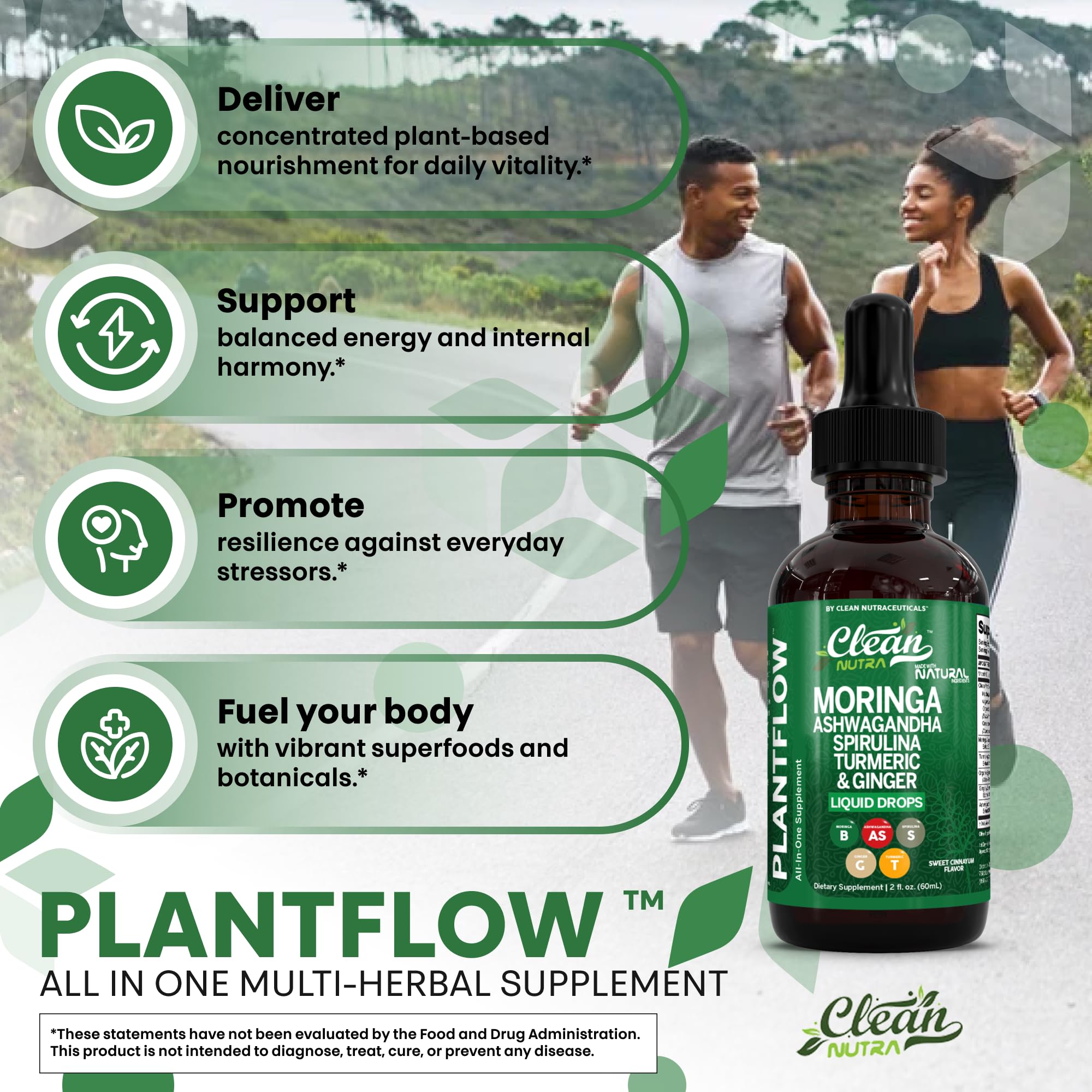 Clean Nutraceuticals ingredient-sample scene shows spirulina and chlorella components.
