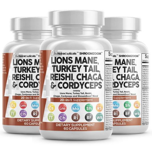 Clean Nutraceuticals Lions Mane 20in1 bottle-front supports daily focus and vitality