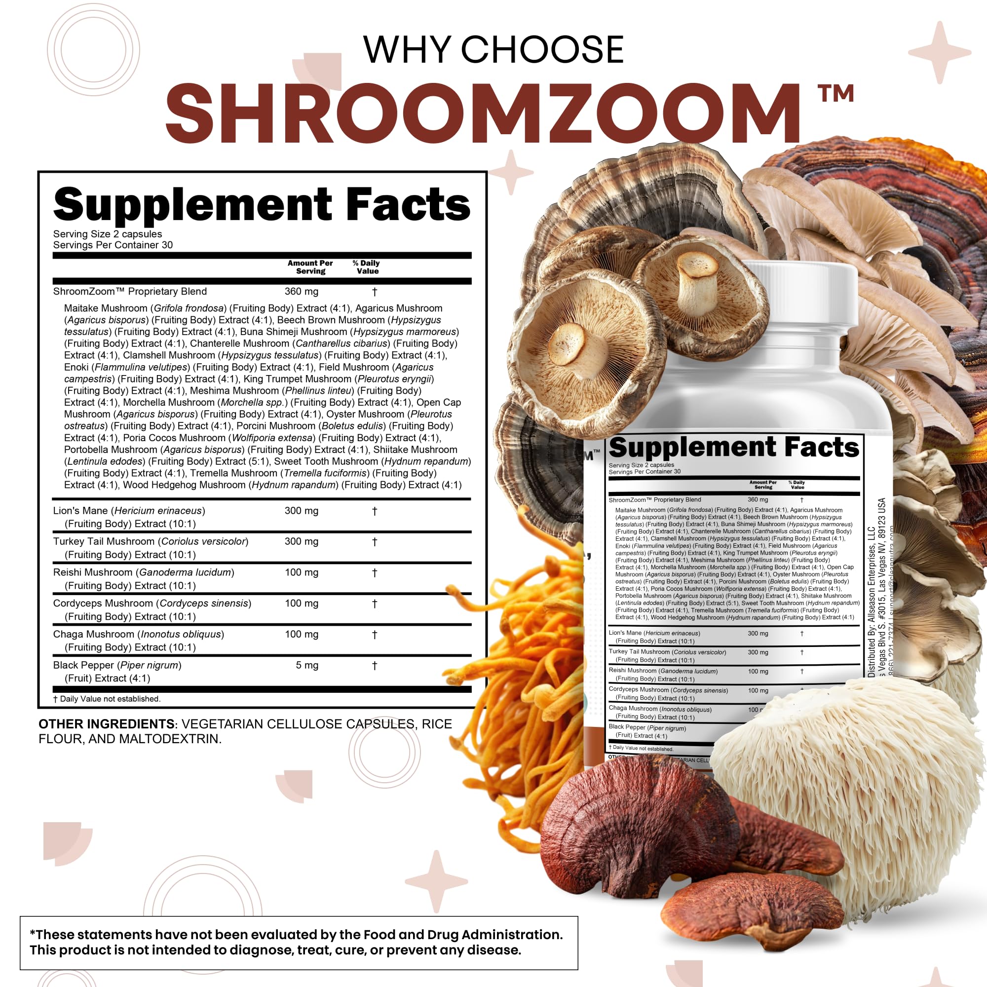 Clean Nutraceuticals Lions Mane 20in1 bottle-side view reveals ShroomZoom Blend label