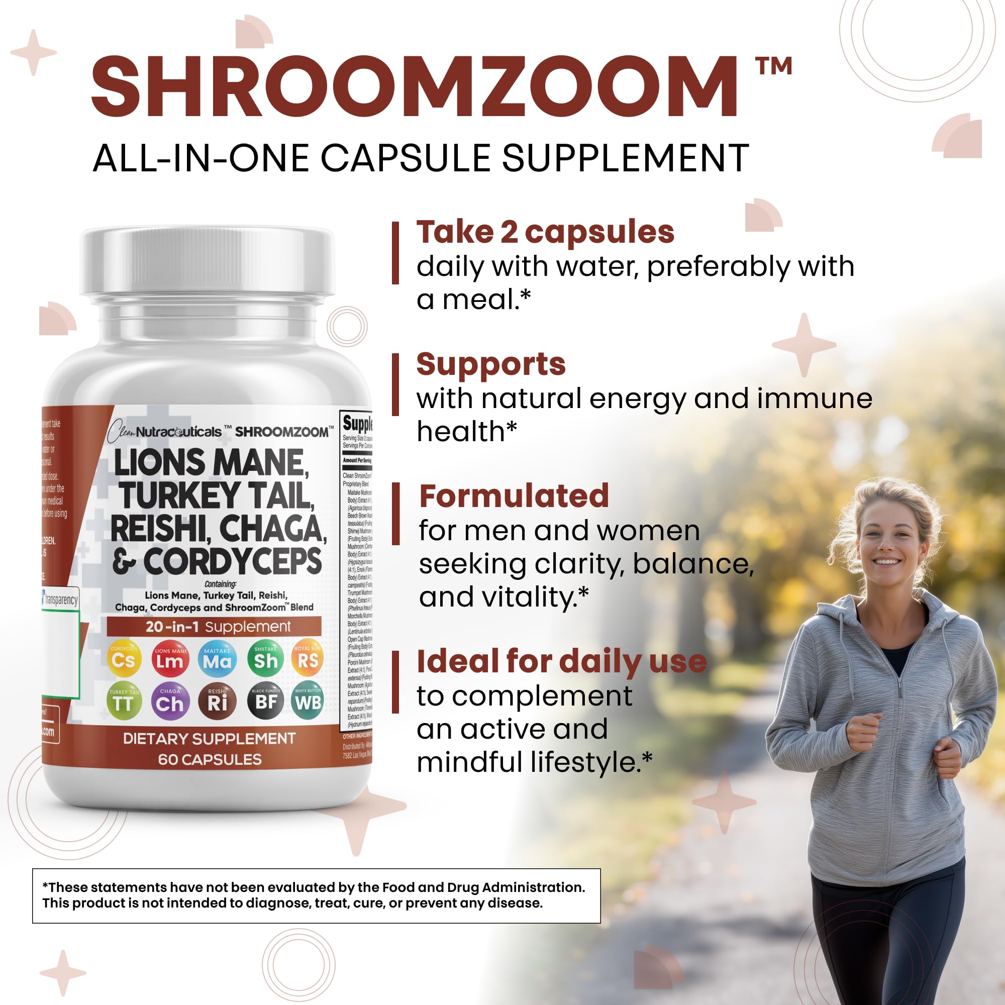 Clean Nutraceuticals Lions Mane 20in1 bottle-top shot emphasizes compact capsules