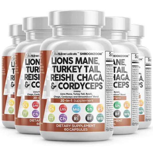 Clean Nutraceuticals Lions Mane 20in1 bottle with ShroomZoom blend suggesting daily focus potential