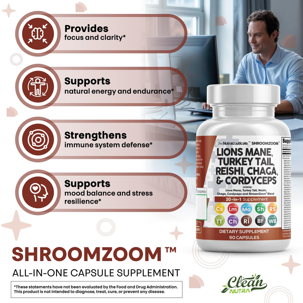 Clean Nutraceuticals Lions Mane 20in1 label-details highlight mushroom variety