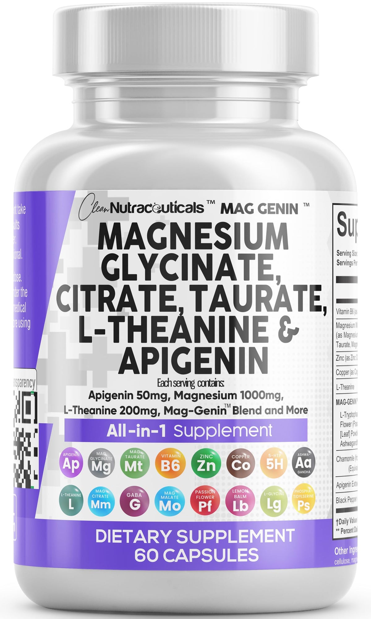 Clean Nutraceuticals Mag Genin bottle front showing a comprehensive magnesium complex for daily wellness.