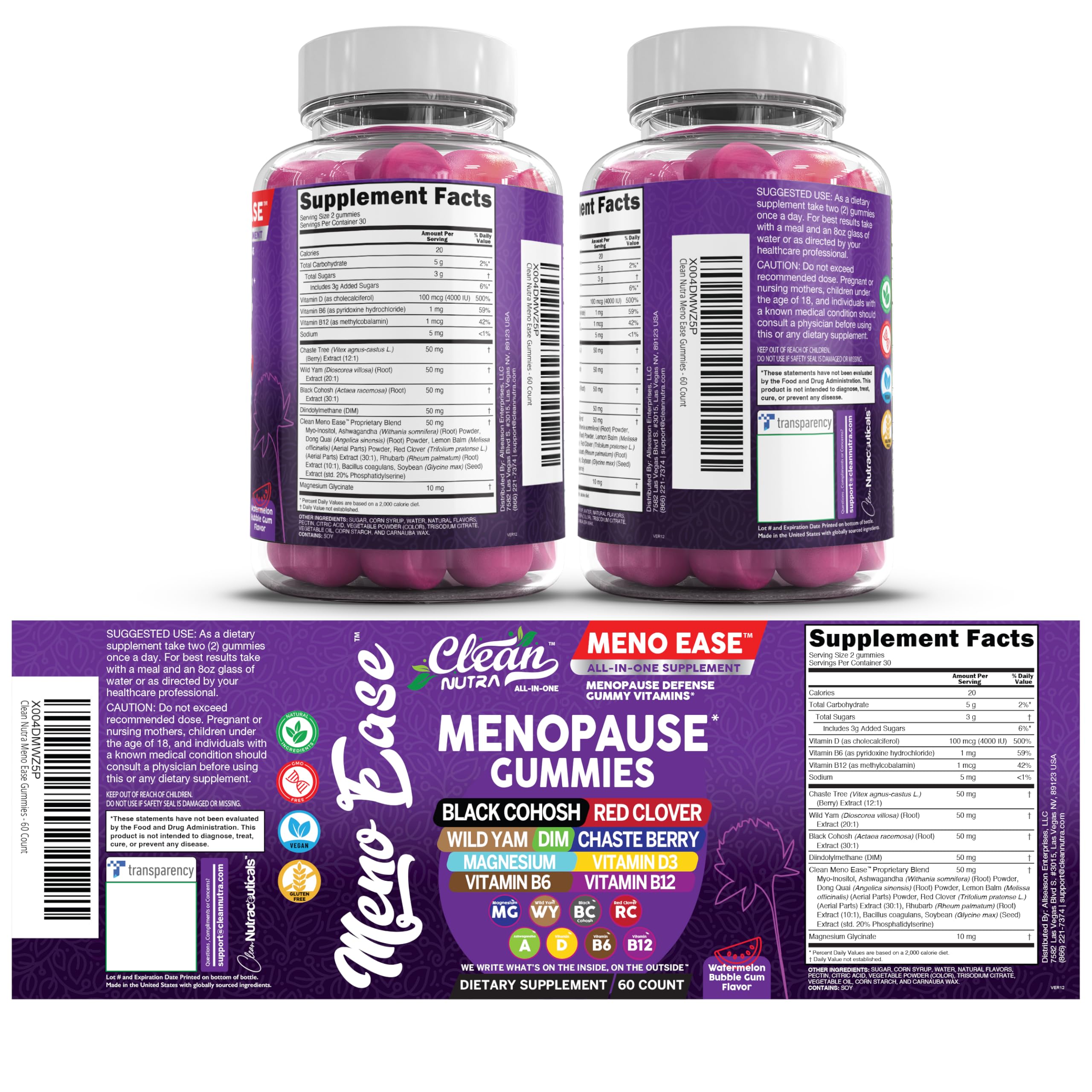 Clean Nutraceuticals menopause gummies bottle displayed.