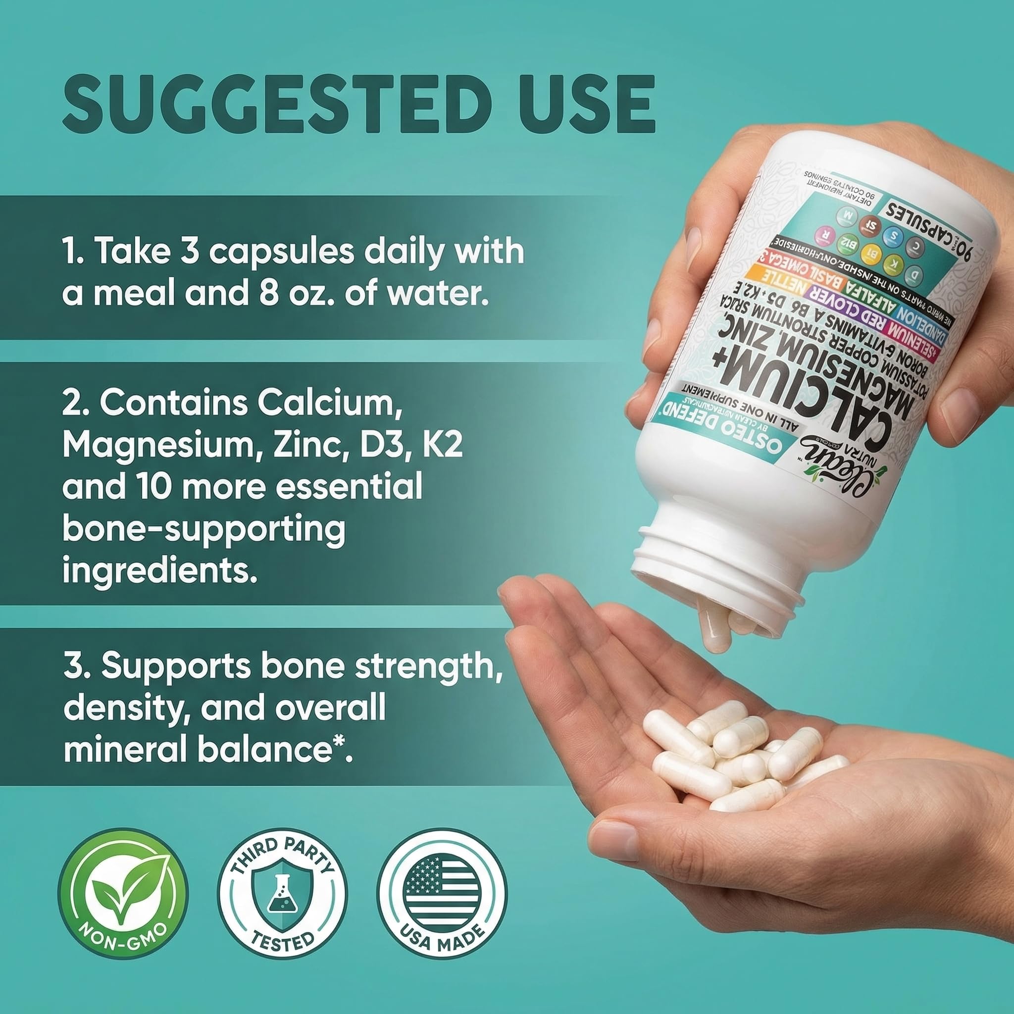 Clean Nutraceuticals Osteo Defend dietary supplement scene with glass and pills.