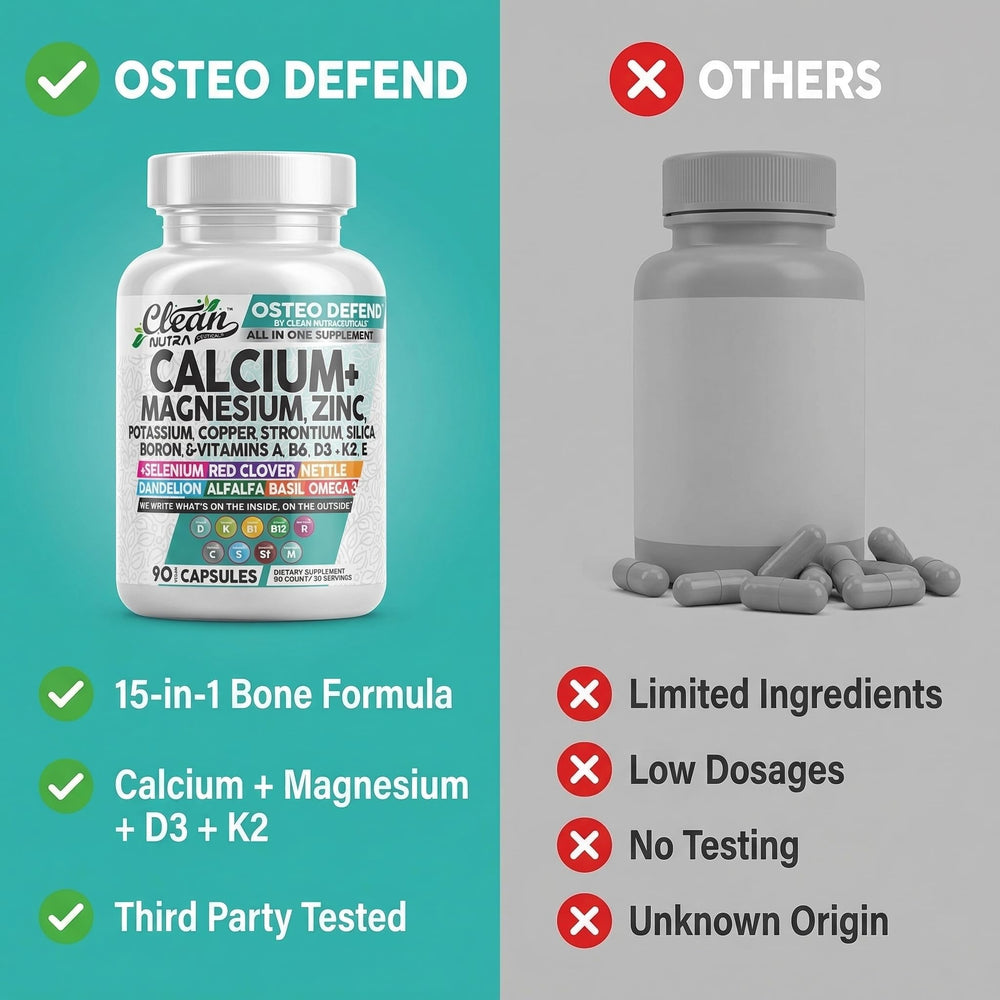 Clean Nutraceuticals Osteo Defend packaging with bold label indicating minerals.