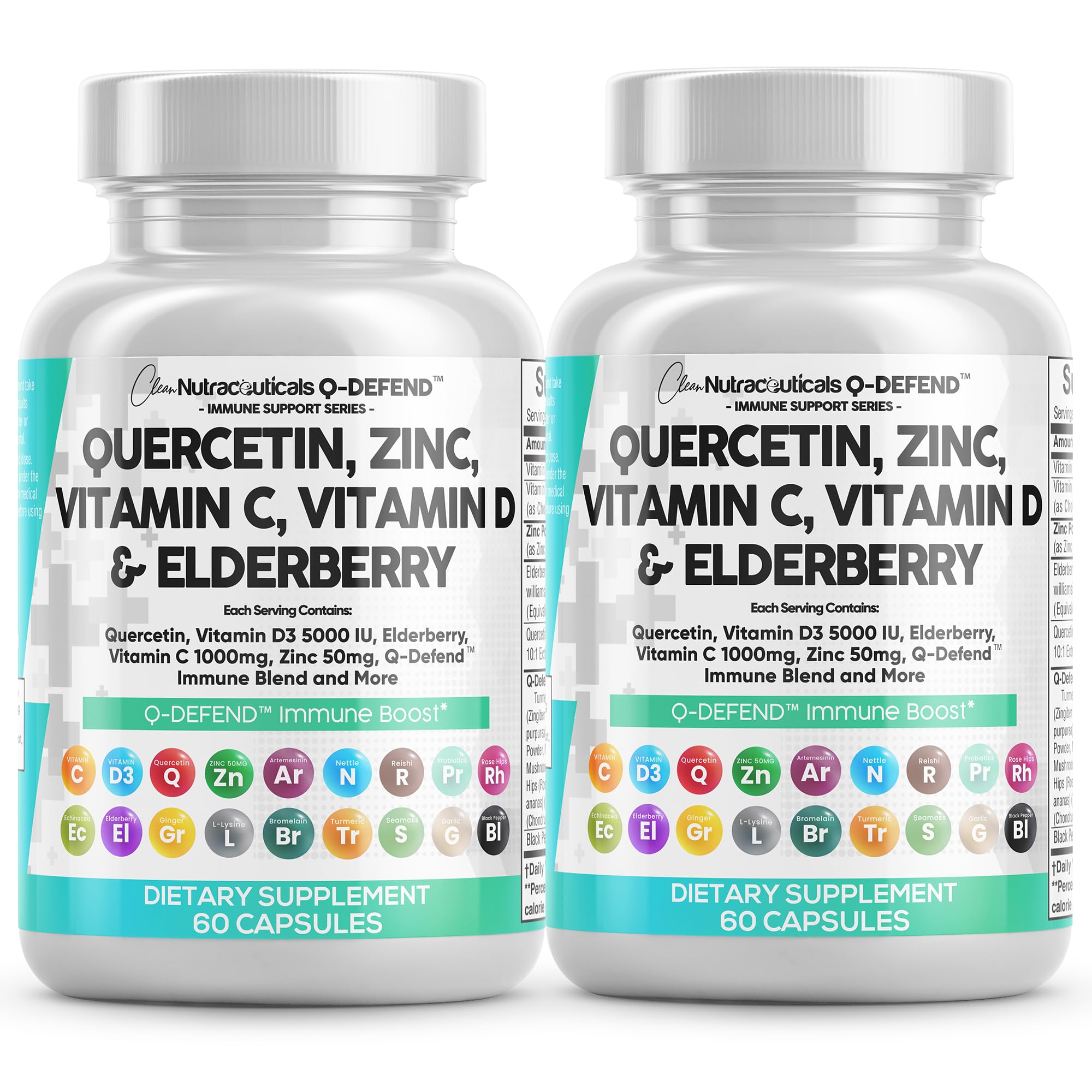 Clean Nutraceuticals Q Defend bottle showing daily immune support.