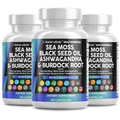 Clean Nutraceuticals sea moss bladderwrack burdock capsules bottle, convenient daily mineral support.