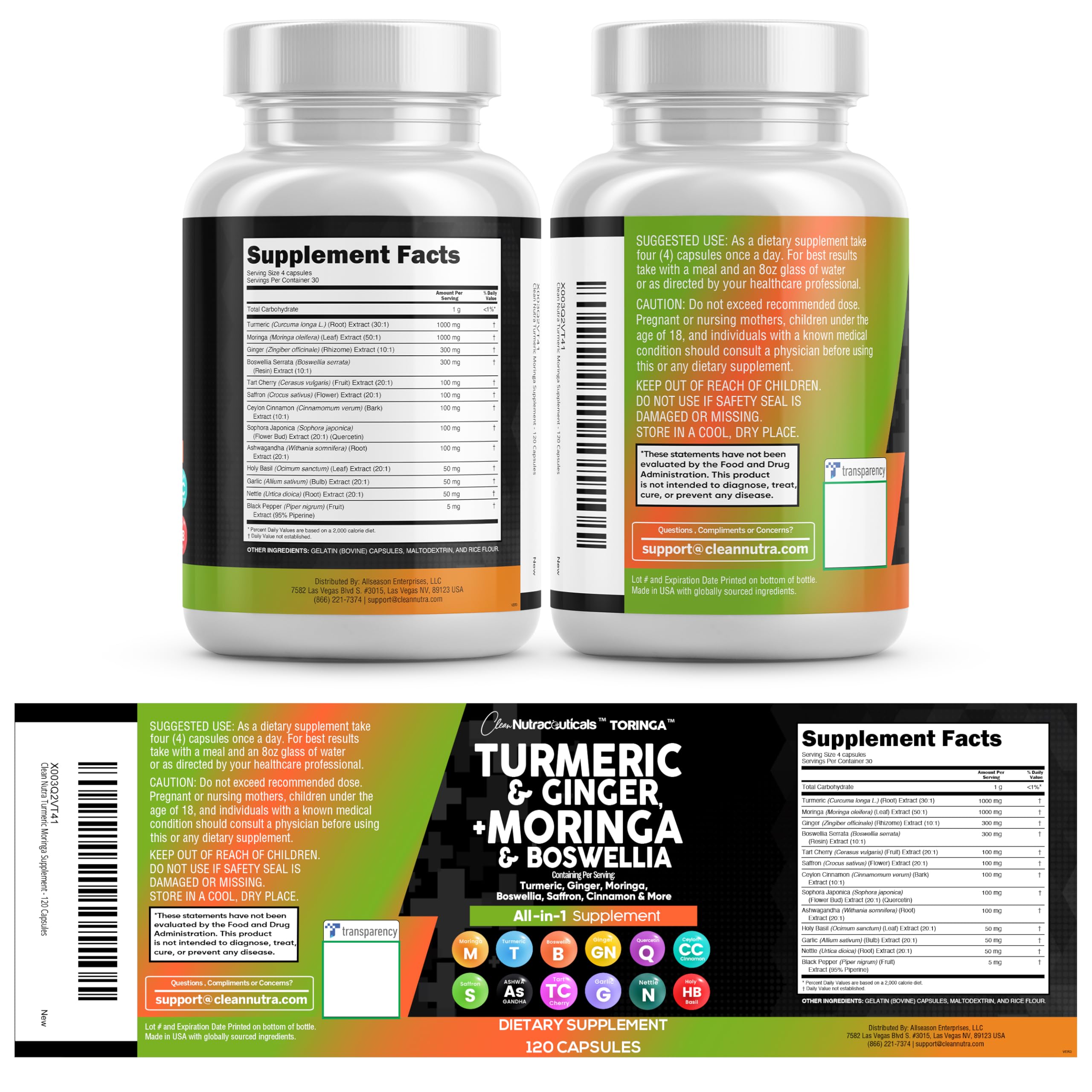 Clean Nutraceuticals Turmeric Moringa bottle back label details