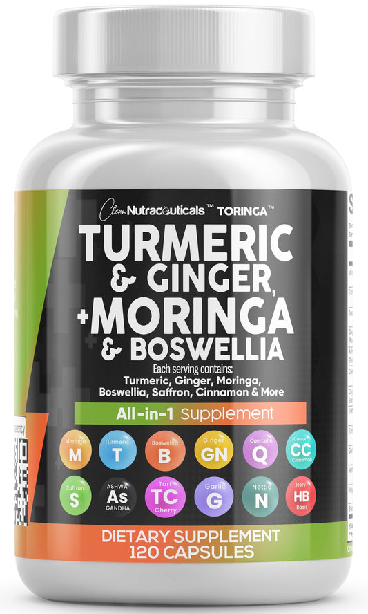 Clean Nutraceuticals turmeric-moringa supplement bottle with pour for daily support.
