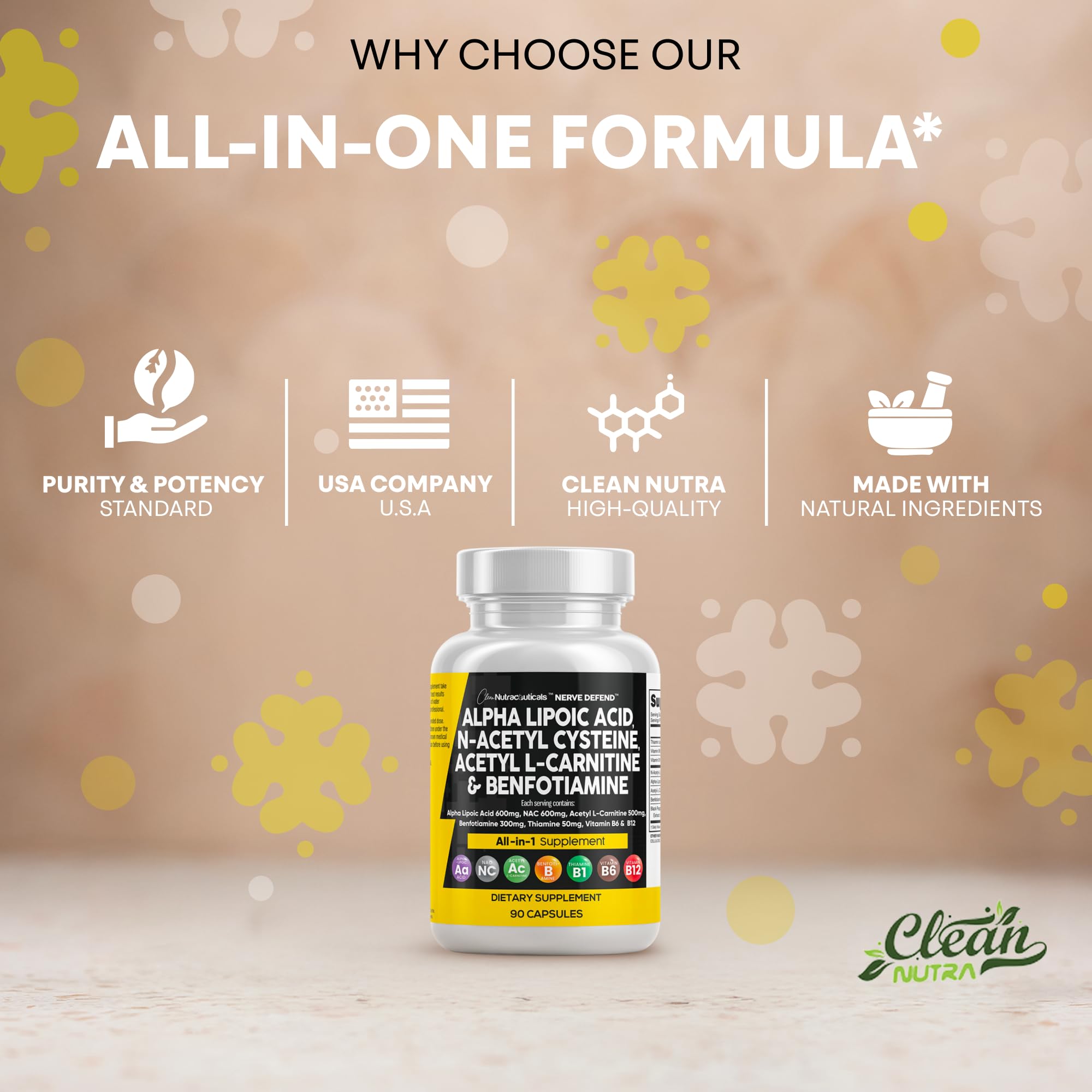 USA-made supplement bottle by Clean Nutraceuticals—quality assurance.