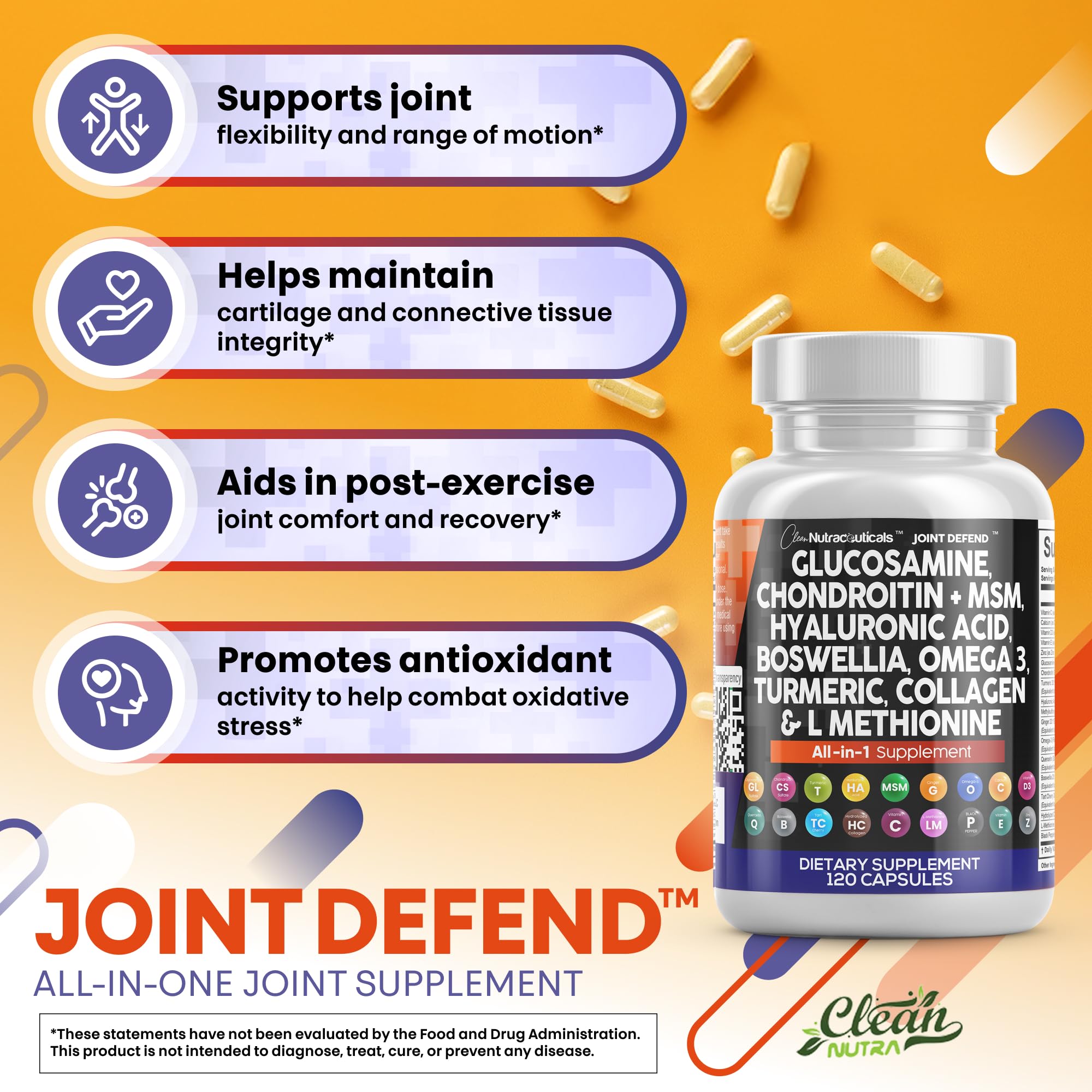 Vitamin D3 and minerals alongside Joint Defend packaging.