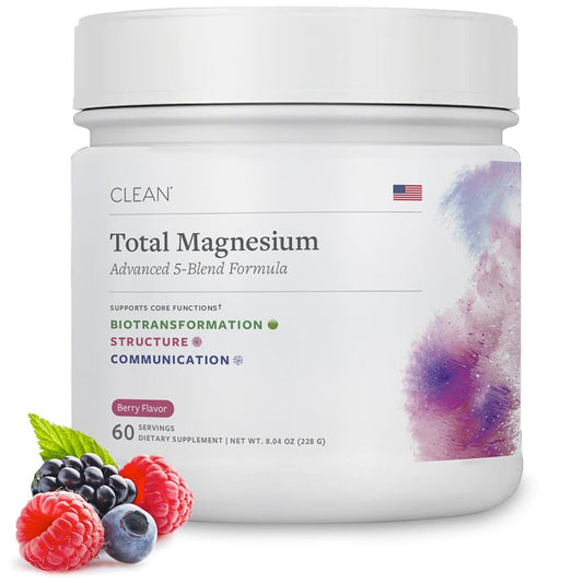 Clean Program Total Magnesium Complex Powder berry tub promotes calm evenings and restful sleep.