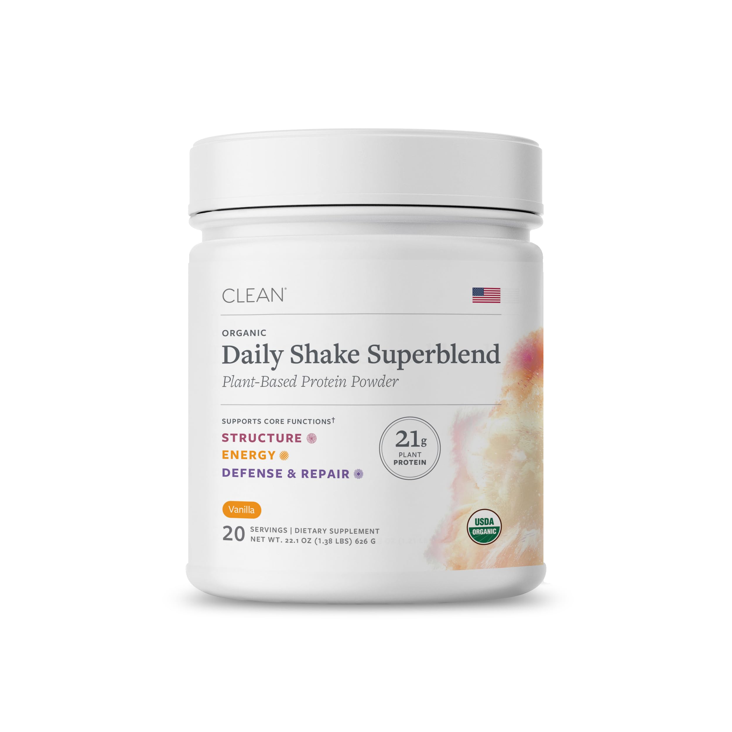 Clean Program vanilla protein powder tub for daily protein and gut support.