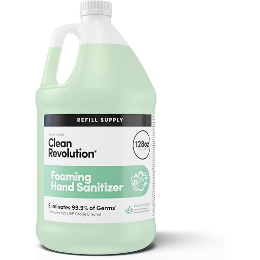 Clean Revolution foaming hand sanitizer bottle showing quick foam application for clean, refreshed hands