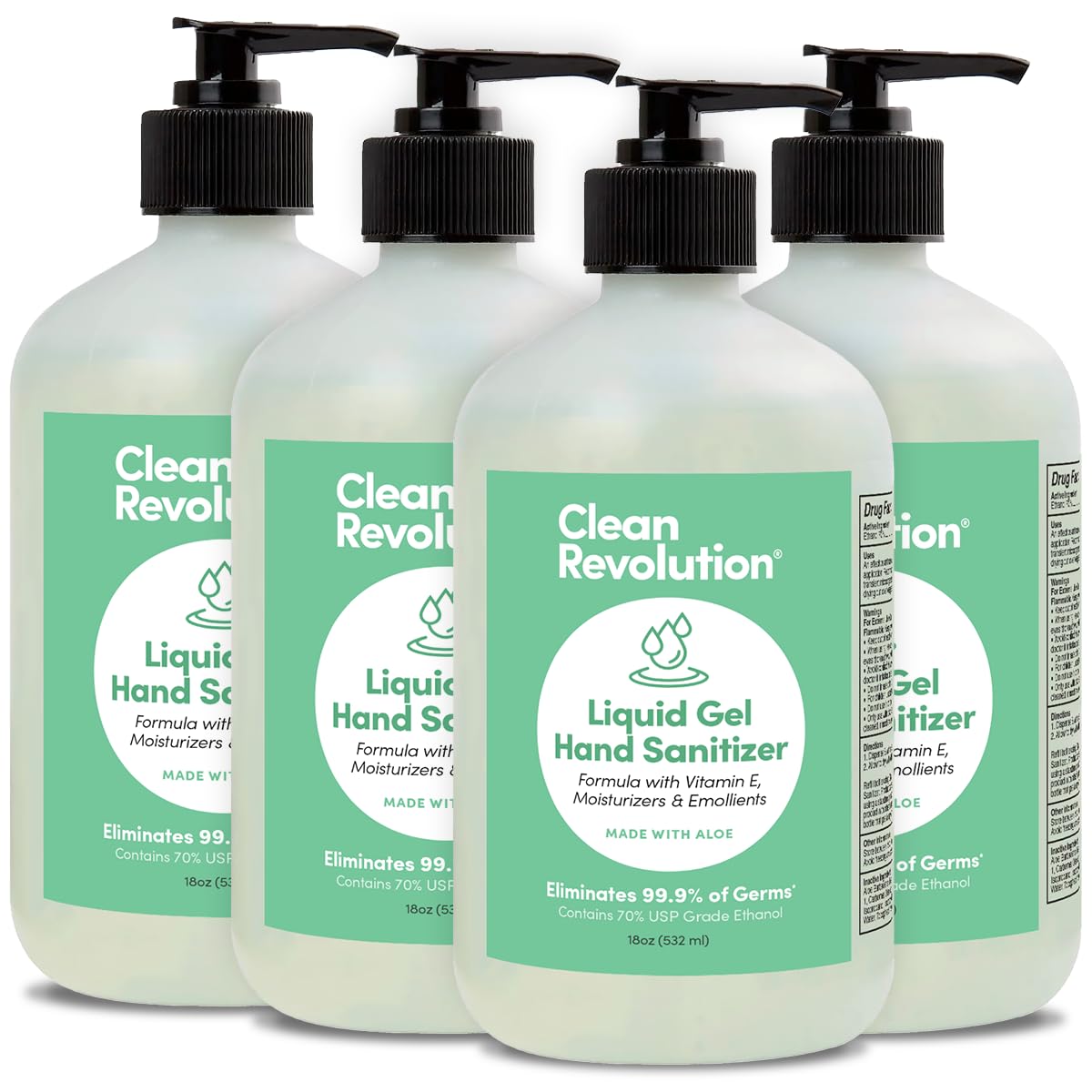 Clean Revolution gel hand sanitizer 18oz bottle with pump for quick germ reduction.