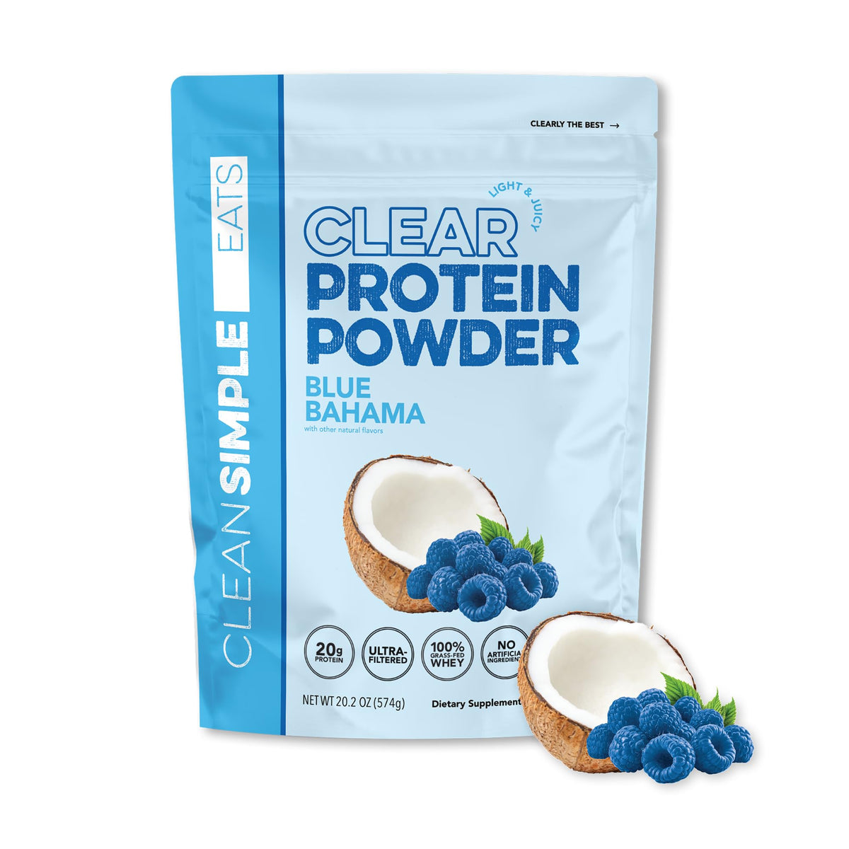 Clean Simple Eats Clear Protein Blue Bahama bottle pour showing a refreshing 20g protein boost