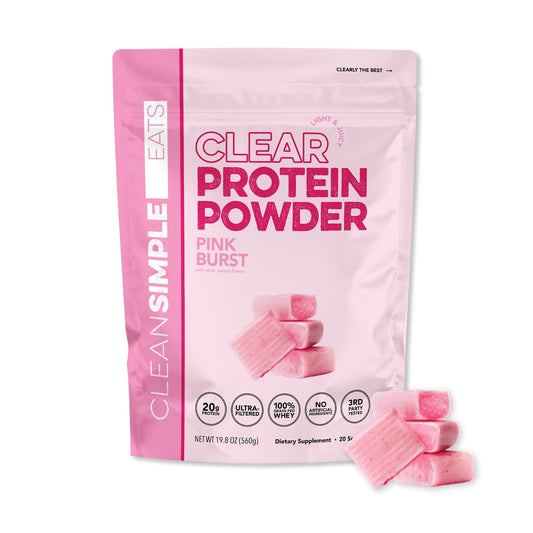 Clean Simple Eats Clear Protein Pink Burst canister front with bold branding and juicy protein appeal.