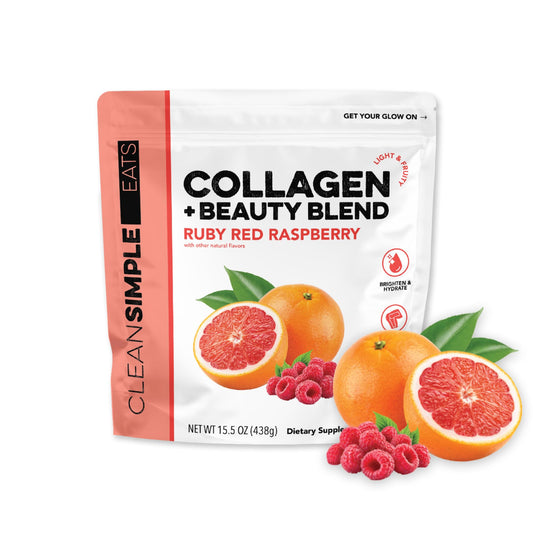 Clean Simple Eats Collagen Beauty Blend jar highlights a clean formula for daily skin support.