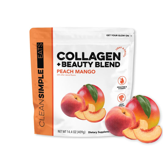 Clean Simple Eats Collagen Beauty Blend Peach Mango tub ready for daily skincare rituals