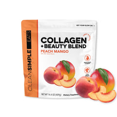 Clean Simple Eats Collagen Beauty Blend Peach Mango tub ready for daily skincare rituals