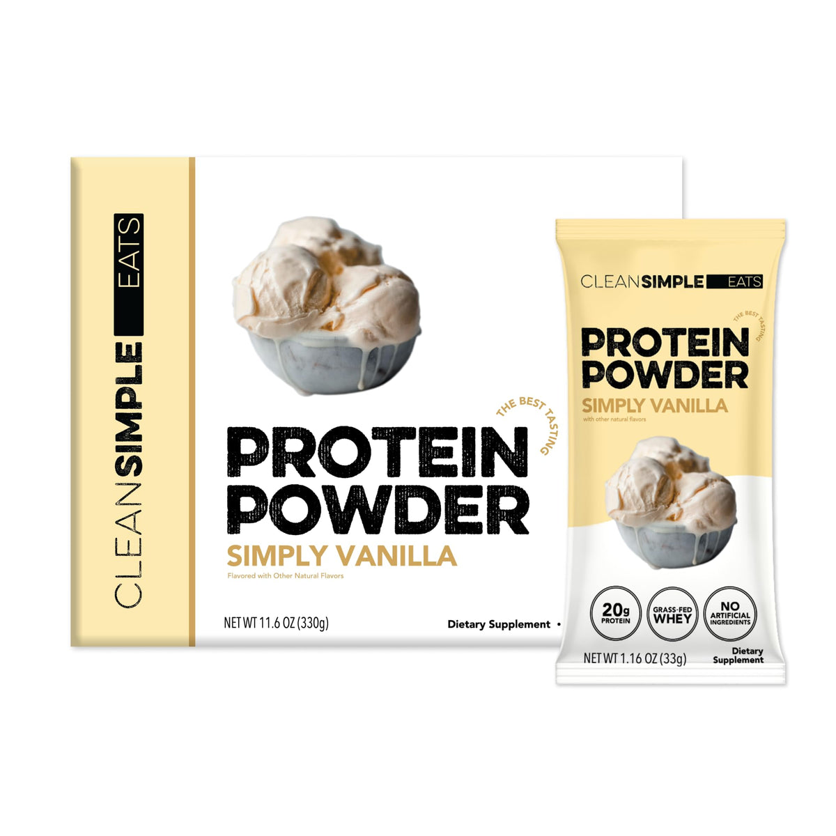 Clean Simple Eats Simply Vanilla stick pack for quick on-the-go protein.