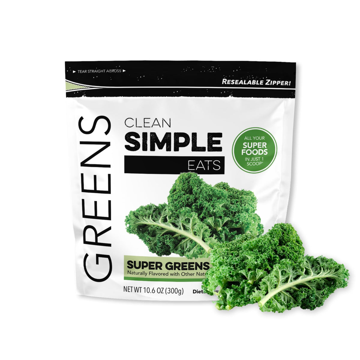 Clean Simple Eats Super Greens bottle pour for quick daily greens boost