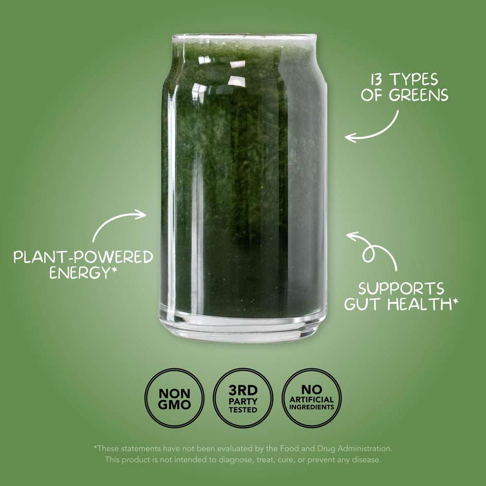 Clean Simple Eats Super Greens ingredients-bowl highlights 20 greens and fruits for balanced nutrition