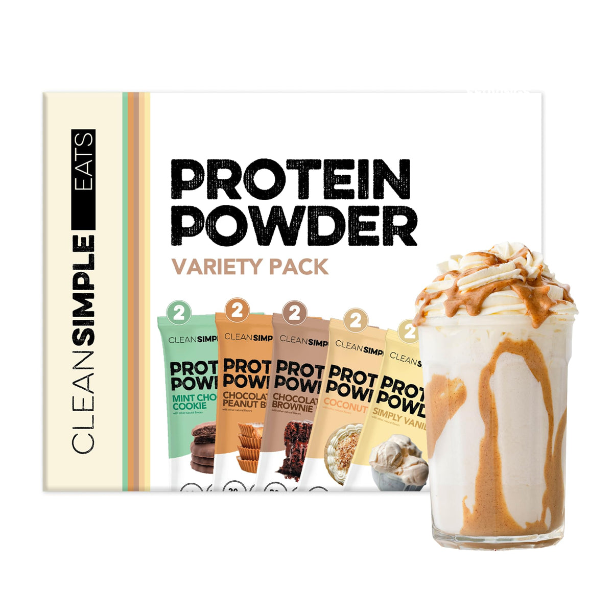 Clean Simple Eats variety pack on display with 10 single-serve packets for convenient protein on the go.