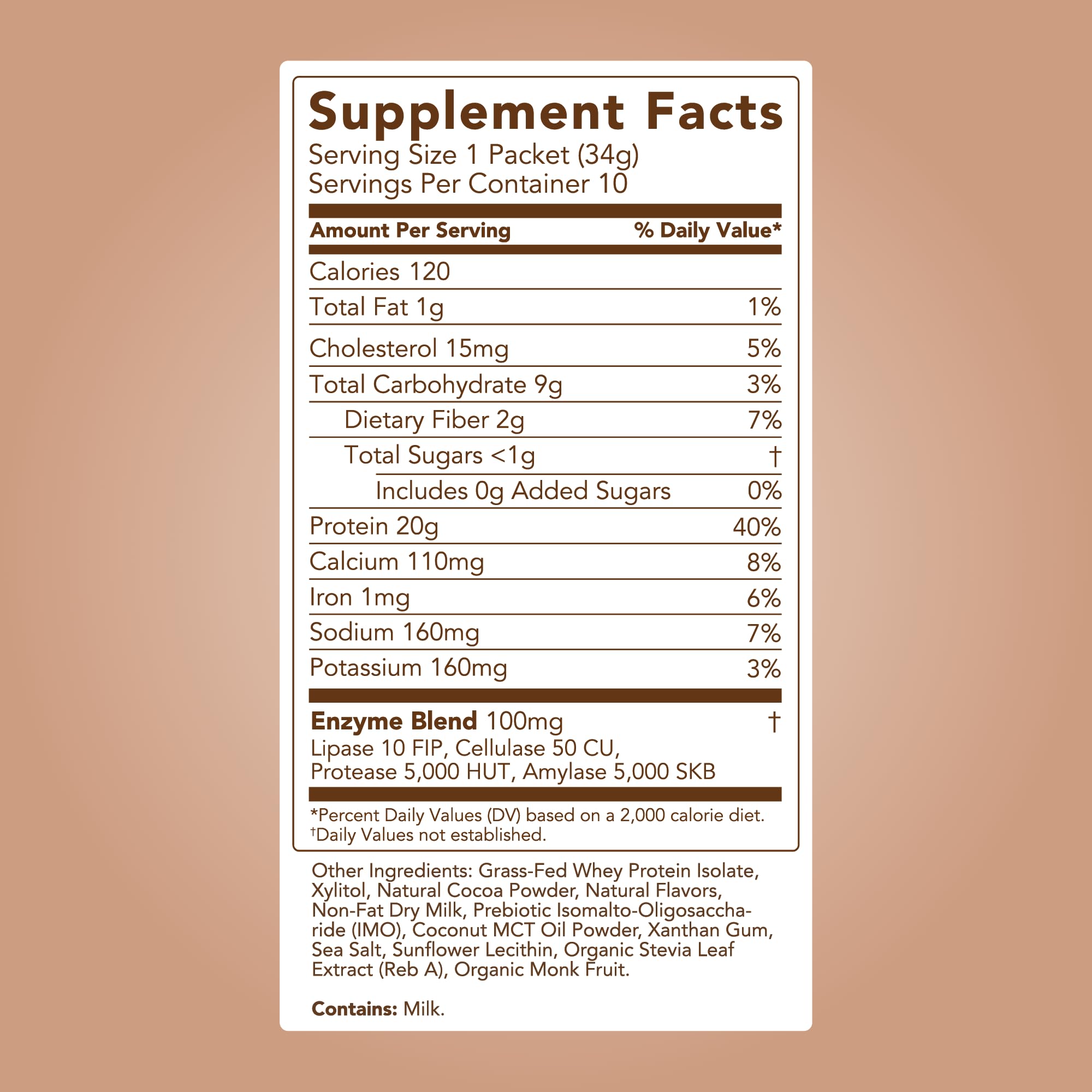 Smoothie-ready whey protein chocolate brownie batter with digestive enzymes for easier digestion.