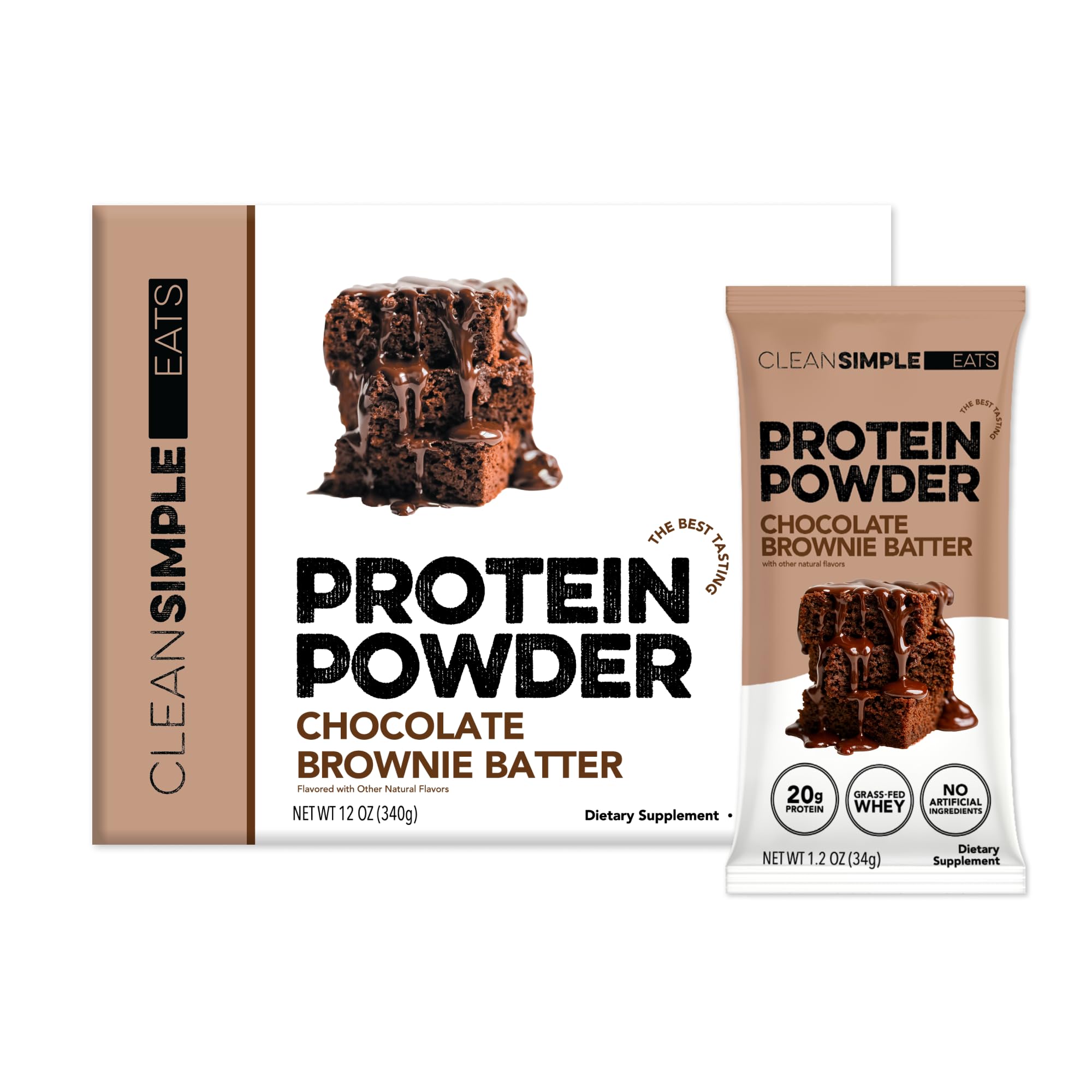 Clean Simple Eats whey protein chocolate brownie batter stick-pack for easy on-the-go protein.